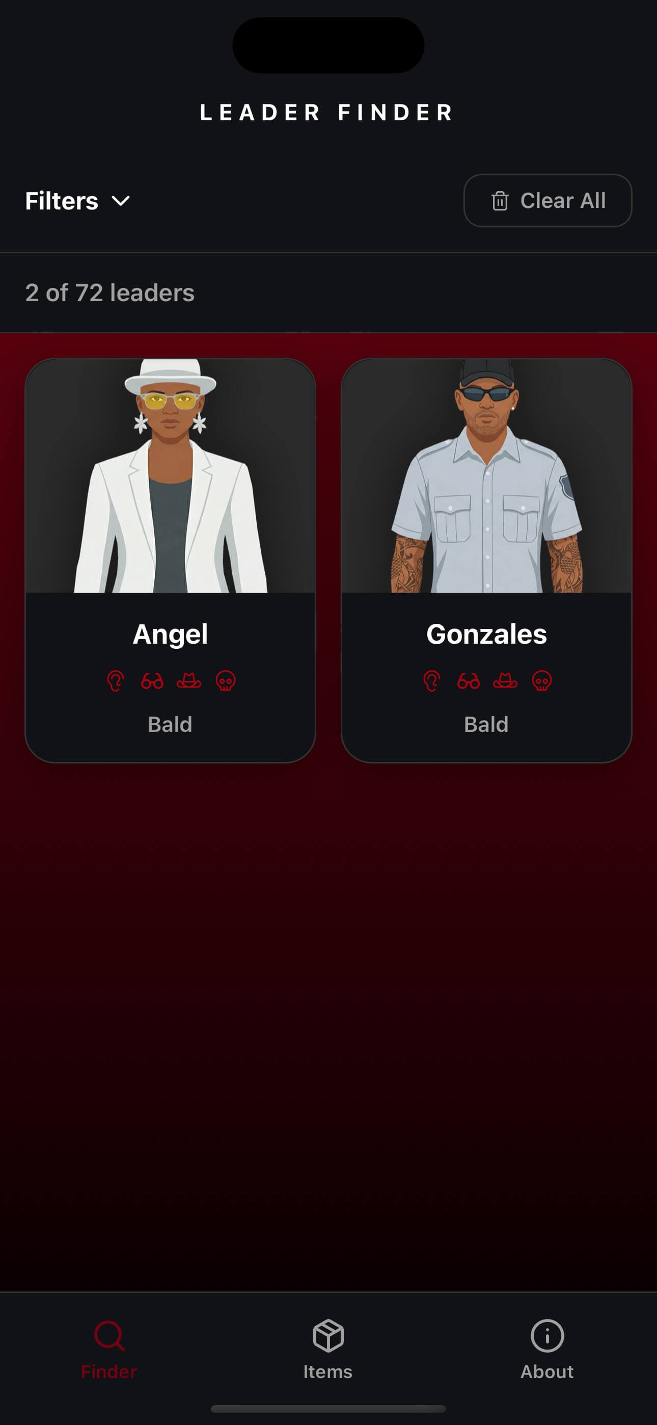 Leader detail view for Gonzales showing his full illustration, bald hair label, and accessory icons for Earrings, Glasses, Hat, Necklace, and Tattoo